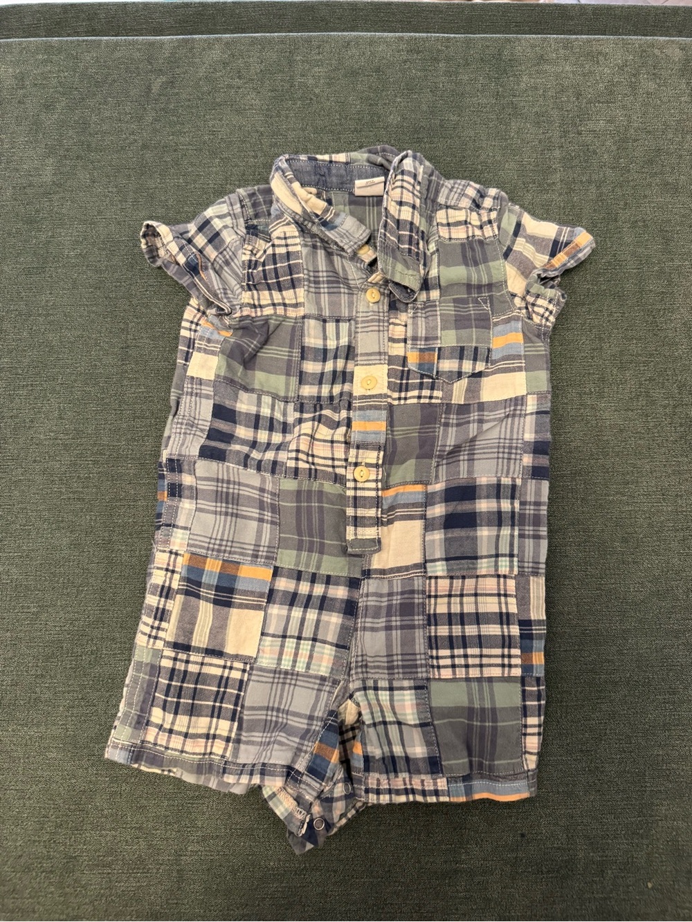Baby GAP Plaid Patchwork Button-Front Romper in Blue, Green & Cream